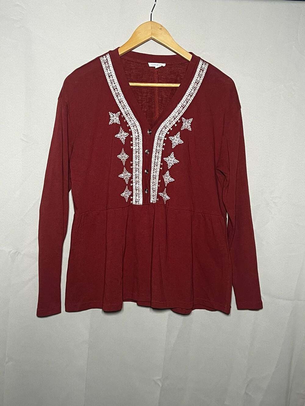 Cotton Bleu Long Sleeve Burnt Orange Size S Embroidered Peasant Top